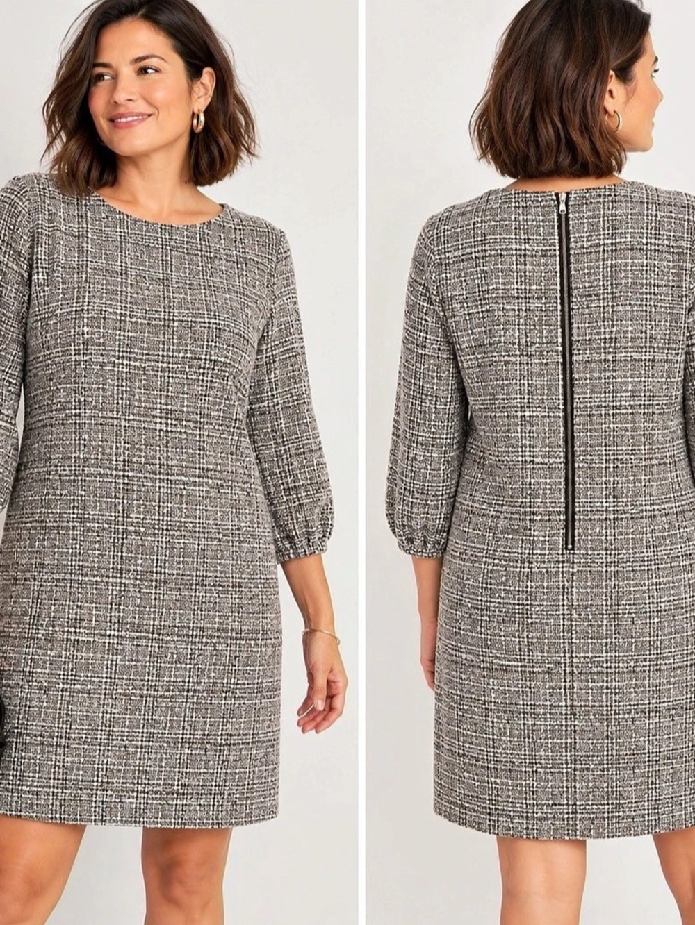 LOFT Size 16 Bouclé Tweed Shift Dress Black White Metallic 3/4 Sleeve